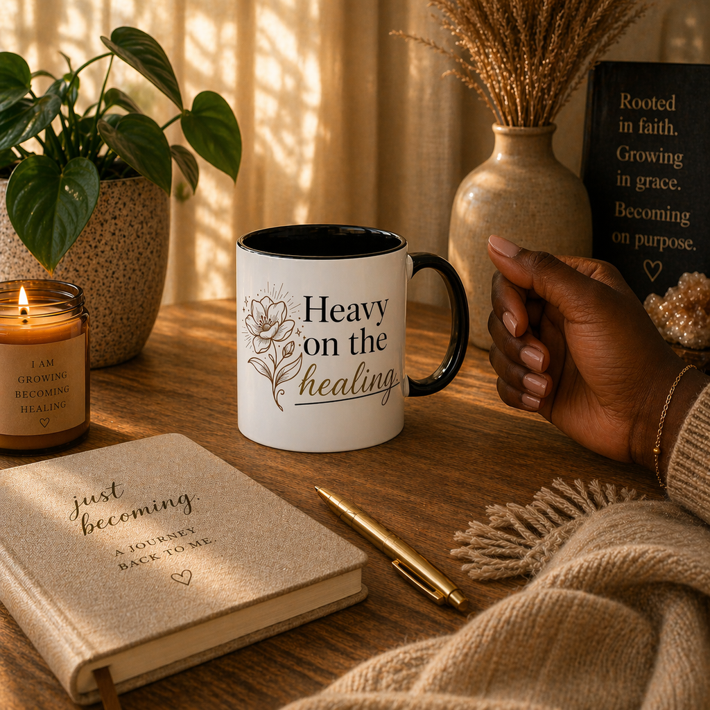 Heavy on the Healing Mug | Self Care Gift | Mental Health Awareness | Soft Life Aesthetic | Black Girl Healing | Soul Rooted Society x B3fr33 Graphics